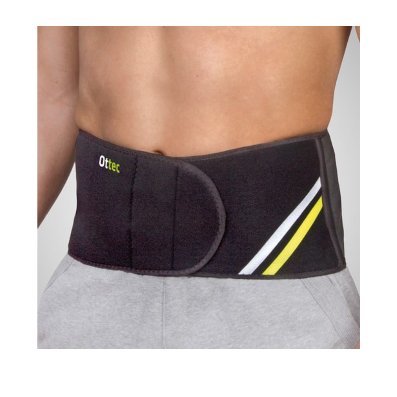Cinta para alívio de dor nas costas e proteção da zona lombar. Suporte ortopédico discreto para uso no trabalho, atividades diárias e exercício físico ligeiro.