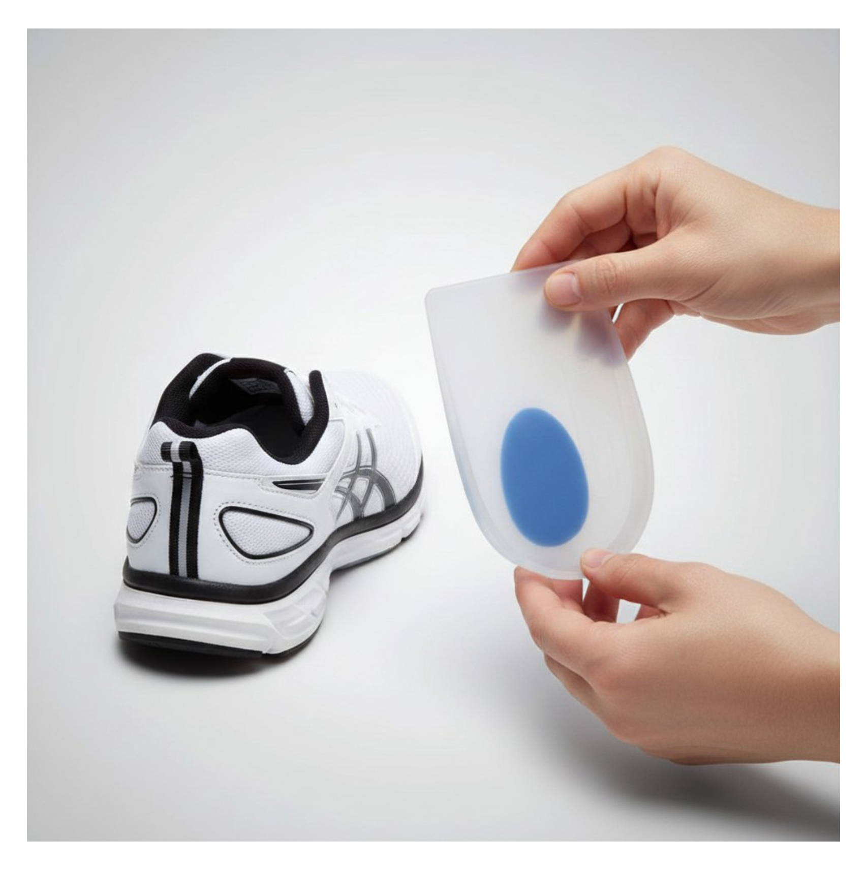 Par de calcanheiras de silicone viscoelástico azul e transparente para absorção de impacto e alívio de dor no calcanhar em calçados fechados. Amortecimento Máximo: Proteção avançada em silicone viscoelástico para alívio imediato do calcanhar.