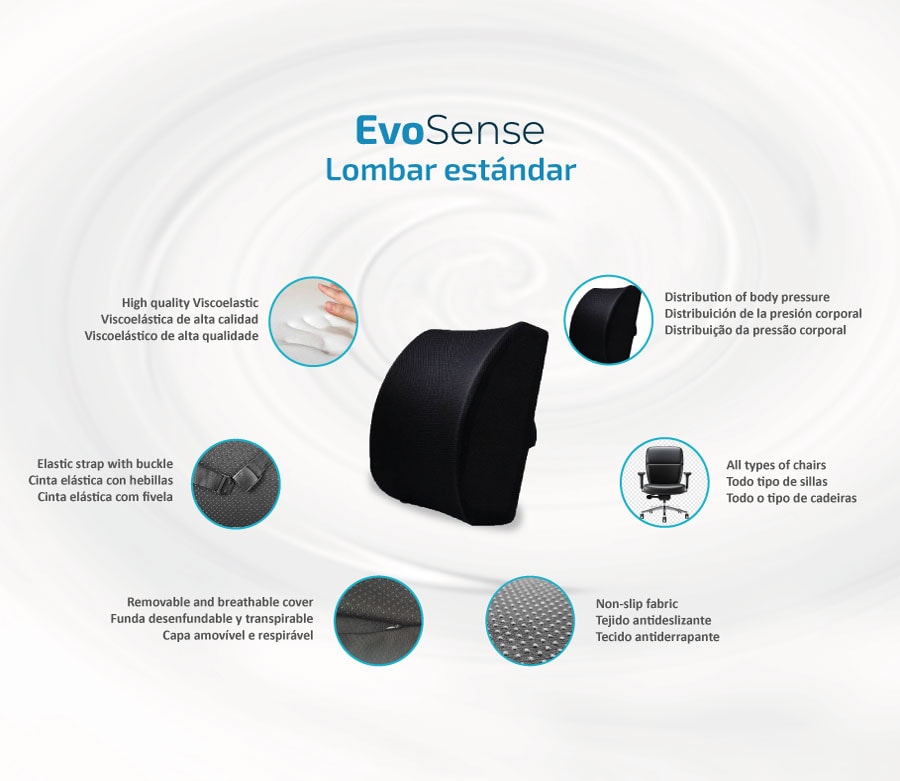 Detalhes técnicos da almofada lombar Evoluxion EL100 com fivela ajustável e capa lavável