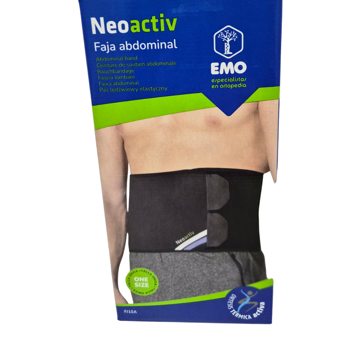 Faixa abdominal Neoactiv da marca EMO. Cinta ortopédica de tamanho único em cor preta, indicada para suporte abdominal e lombar.