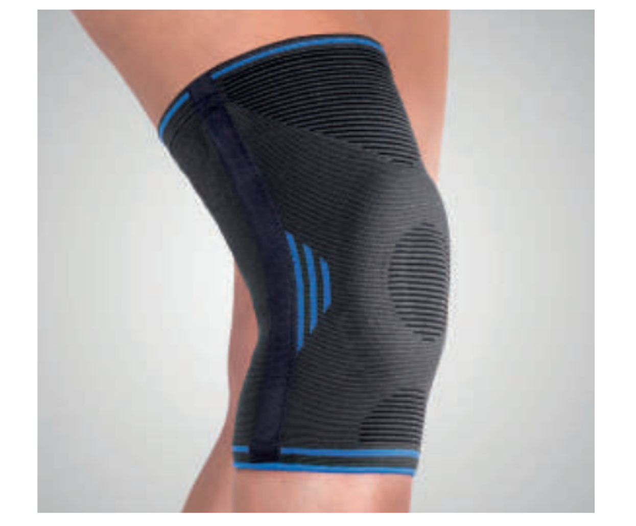 Joelheira elástica Neoactiv com estabilizadores laterais e almofada de silicone para a rótula. Ortótese de compressão para estabilização do joelho e alívio de lesões ligamentares.