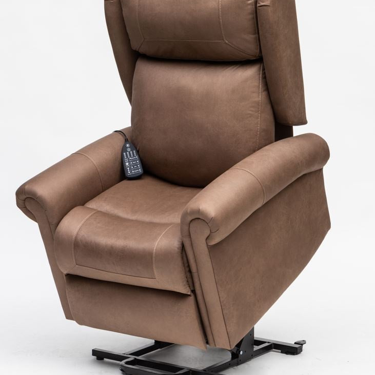 Sofá elétrico reclinável e elevatório Evoluxion Evosofy EV2003P em castanho claro, vista de lado com base de elevação, indicado para pernas cansadas, idosos e problemas de anca.