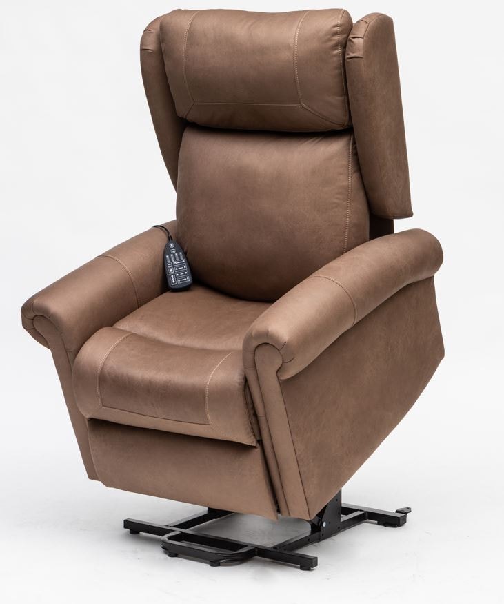 Sofá elétrico reclinável e elevatório Evoluxion Evosofy EV2003P em castanho claro, vista de lado com base de elevação, indicado para pernas cansadas, idosos e problemas de anca.